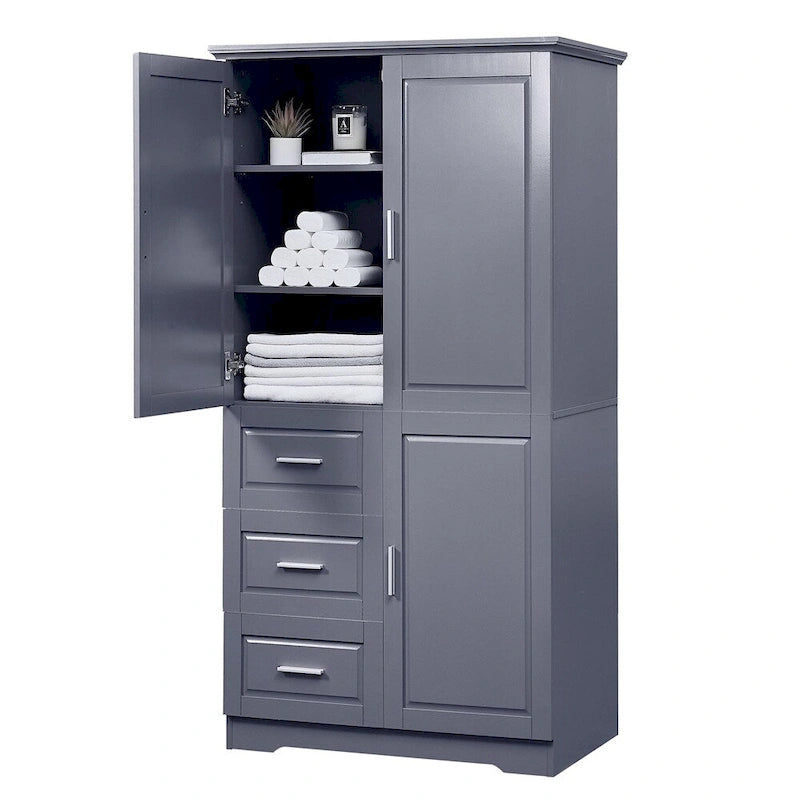 Tall Wide Storage Cabinet - 2 Doors - 3 Drawers + 1 Cabinet - Adjustable Shelf - MDF - Waterproof - Anti-Tip - Metal Hardware - 3 Tiers - Multi-Purpose Bathroom