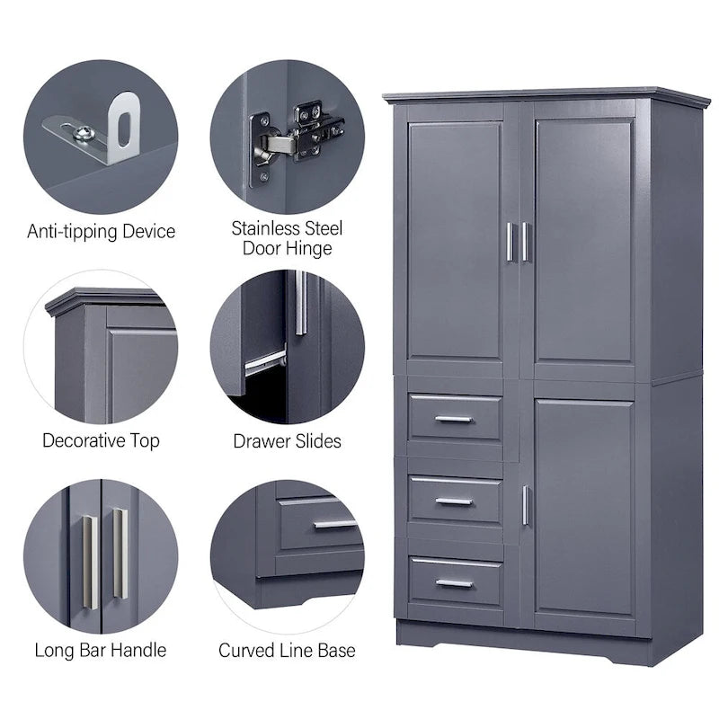 Tall Wide Storage Cabinet - 2 Doors - 3 Drawers + 1 Cabinet - Adjustable Shelf - MDF - Waterproof - Anti-Tip - Metal Hardware - 3 Tiers - Multi-Purpose Bathroom