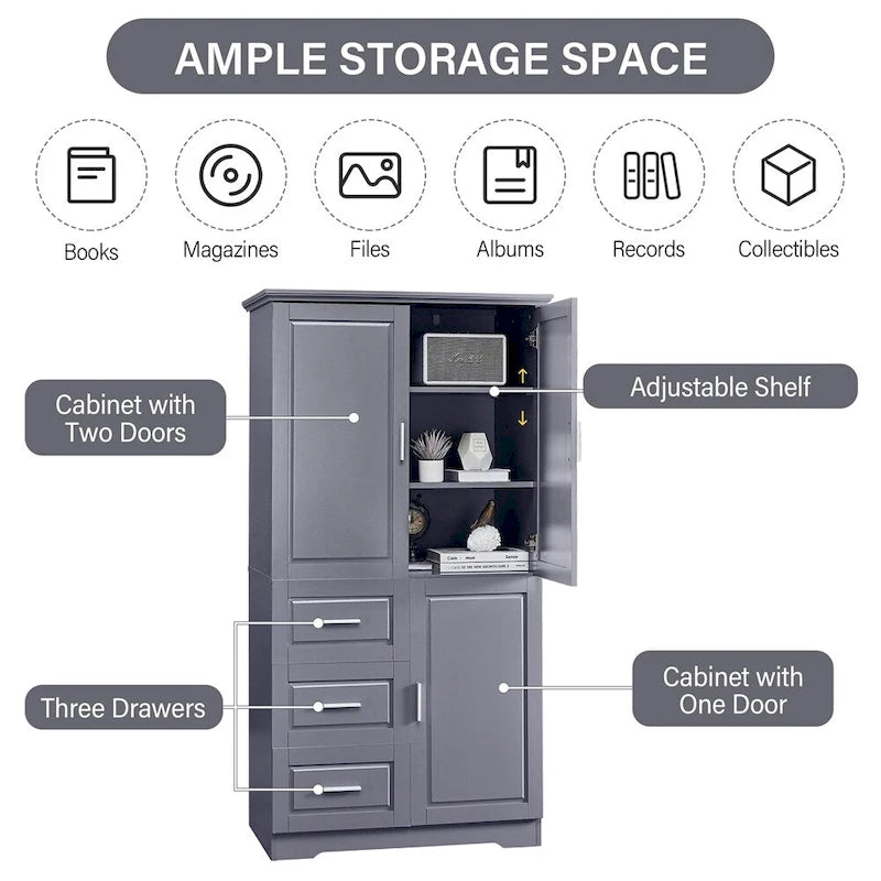 Tall Wide Storage Cabinet - 2 Doors - 3 Drawers + 1 Cabinet - Adjustable Shelf - MDF - Waterproof - Anti-Tip - Metal Hardware - 3 Tiers - Multi-Purpose Bathroom