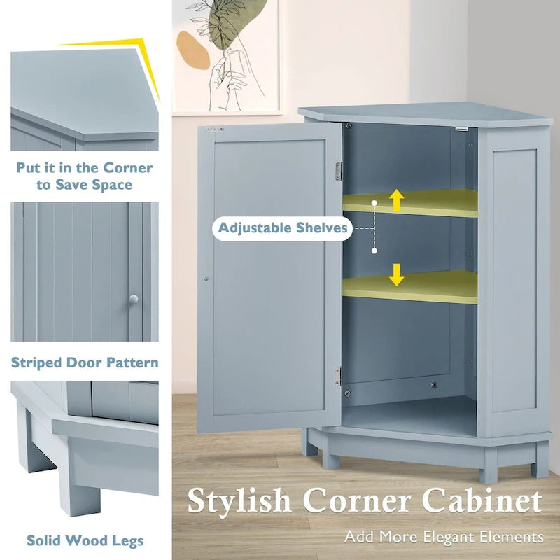 Triangle Corner Storage Cabinet - Grey - 2 Adjustable Shelves - MDF Board - Waterproof - Wood Knob - Space-Saving - Modern Bathroom Kitchen - 3 Compartments