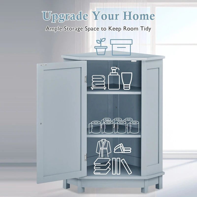 Triangle Corner Storage Cabinet - Grey - 2 Adjustable Shelves - MDF Board - Waterproof - Wood Knob - Space-Saving - Modern Bathroom Kitchen - 3 Compartments