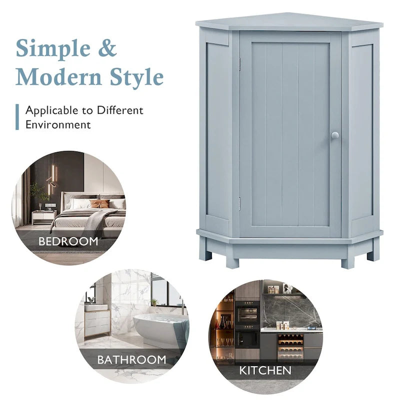 Triangle Corner Storage Cabinet - Grey - 2 Adjustable Shelves - MDF Board - Waterproof - Wood Knob - Space-Saving - Modern Bathroom Kitchen - 3 Compartments