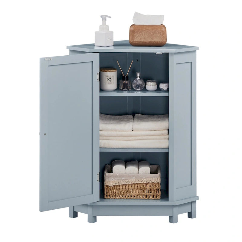 Triangle Corner Storage Cabinet - Grey - 2 Adjustable Shelves - MDF Board - Waterproof - Wood Knob - Space-Saving - Modern Bathroom Kitchen - 3 Compartments