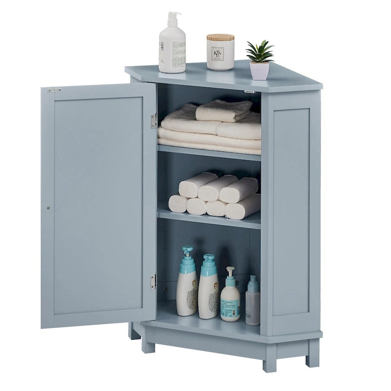 Triangle Corner Storage Cabinet - Grey - 2 Adjustable Shelves - MDF Board - Waterproof - Wood Knob - Space-Saving - Modern Bathroom Kitchen - 3 Compartments