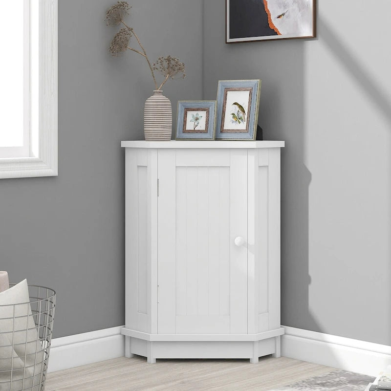 Triangle Corner Storage Cabinet - Grey - 2 Adjustable Shelves - MDF Board - Waterproof - Wood Knob - Space-Saving - Modern Bathroom Kitchen - 3 Compartments