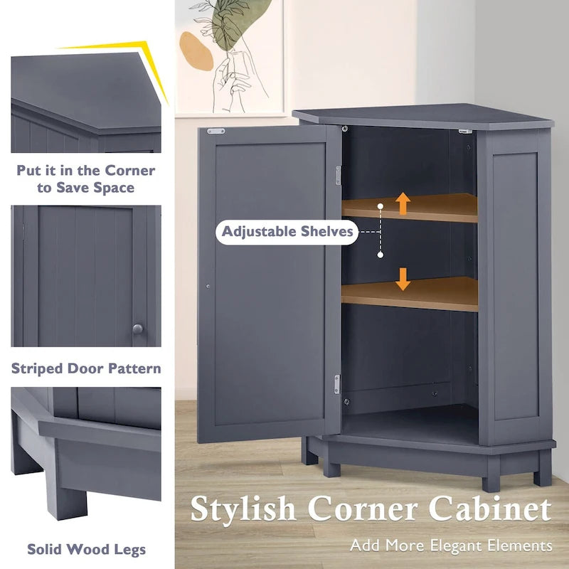 Triangle Corner Storage Cabinet - Grey - 2 Adjustable Shelves - MDF Board - Waterproof - Wood Knob - Space-Saving - Modern Bathroom Kitchen - 3 Compartments