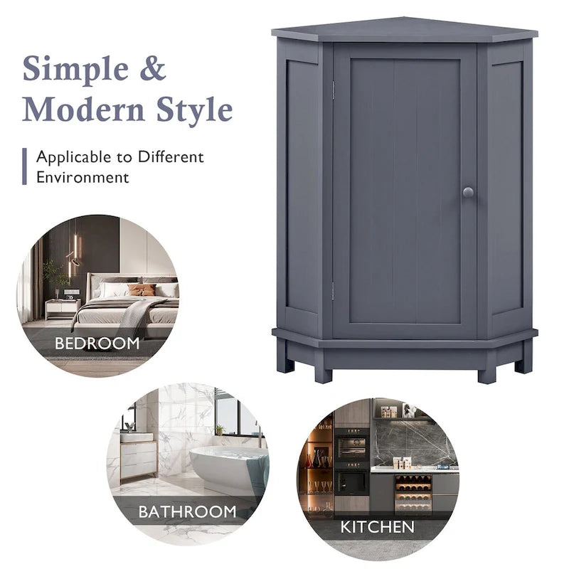 Triangle Corner Storage Cabinet - Grey - 2 Adjustable Shelves - MDF Board - Waterproof - Wood Knob - Space-Saving - Modern Bathroom Kitchen - 3 Compartments