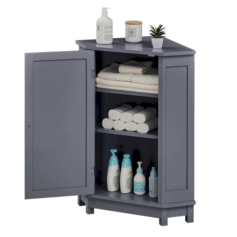 Triangle Corner Storage Cabinet - Grey - 2 Adjustable Shelves - MDF Board - Waterproof - Wood Knob - Space-Saving - Modern Bathroom Kitchen - 3 Compartments