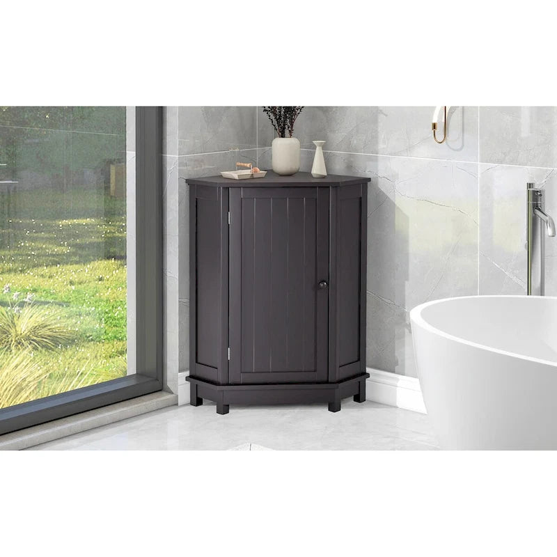 Triangle Corner Storage Cabinet - Grey - 2 Adjustable Shelves - MDF Board - Waterproof - Wood Knob - Space-Saving - Modern Bathroom Kitchen - 3 Compartments