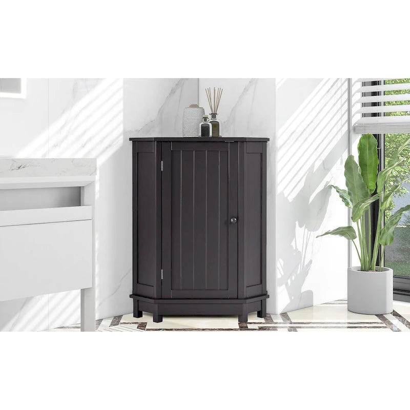 Triangle Corner Storage Cabinet - Grey - 2 Adjustable Shelves - MDF Board - Waterproof - Wood Knob - Space-Saving - Modern Bathroom Kitchen - 3 Compartments