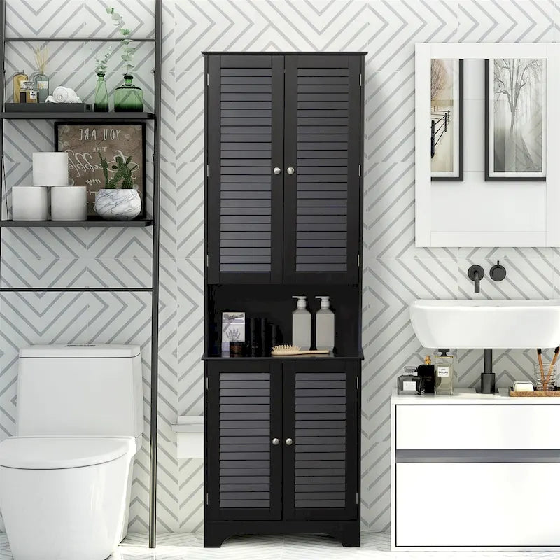 Tall Narrow Bathroom Storage Cabinet - 71.75"H - MDF - Adjustable Shelf - Magnetic Doors - Anti-Tip - 132 lbs Capacity - 23.5"W x 11.75"D - Multi-Purpose