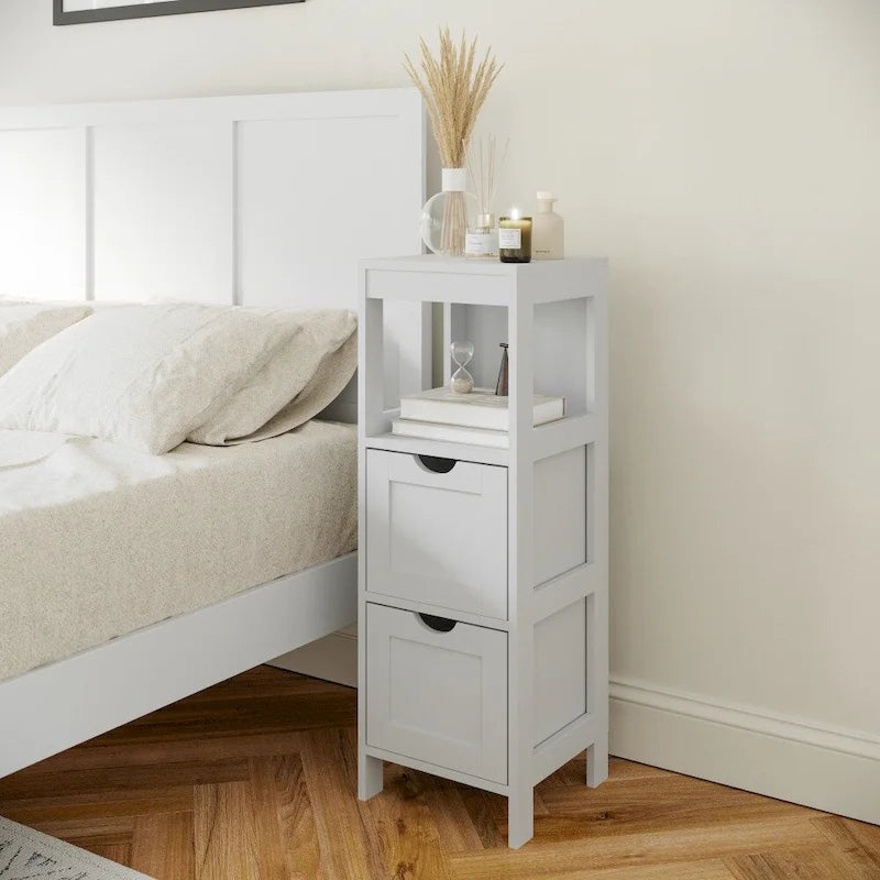 Farmhouse Bathroom Storage Organizer - 2 Removable Drawers - Open Shelf - 27.5 lbs Per Drawer - 55 lbs Shelf - Engineered Wood - Floor Protectors - Rustic Style