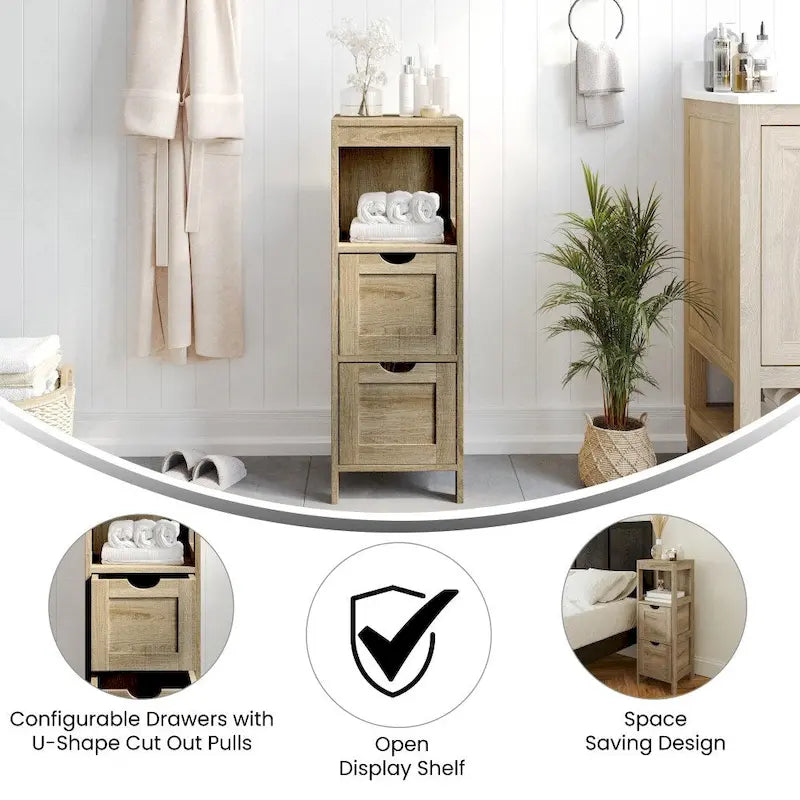 Farmhouse Bathroom Storage Organizer - 2 Removable Drawers - Open Shelf - 27.5 lbs Per Drawer - 55 lbs Shelf - Engineered Wood - Floor Protectors - Rustic Style