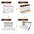 Solid Pine Murphy Bed Chest with Charging Station - Convertible Space-Saving Guest Bed, Large Rolling Storage Drawer - Multi-Purpose Furniture