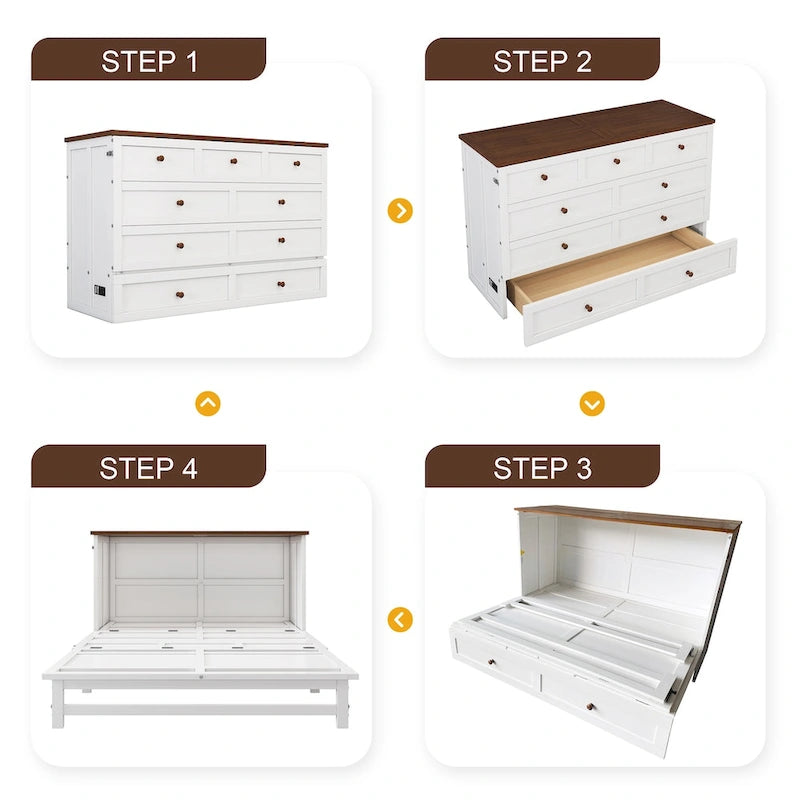 Solid Pine Murphy Bed Chest with Charging Station - Convertible Space-Saving Guest Bed, Large Rolling Storage Drawer - Multi-Purpose Furniture