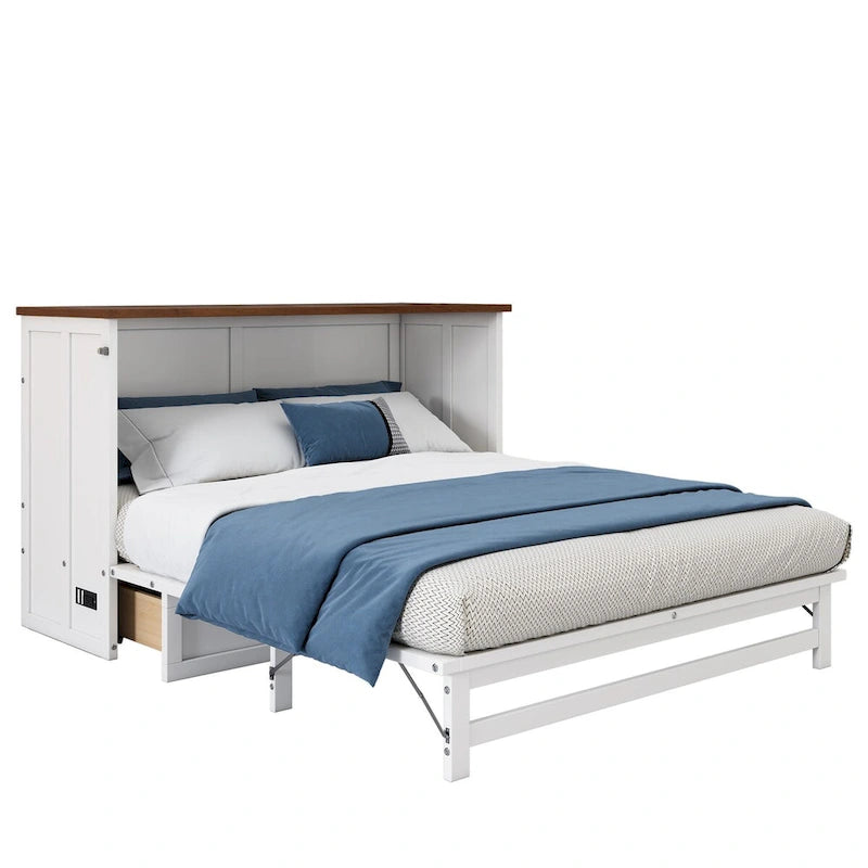 Solid Pine Murphy Bed Chest with Charging Station - Convertible Space-Saving Guest Bed, Large Rolling Storage Drawer - Multi-Purpose Furniture