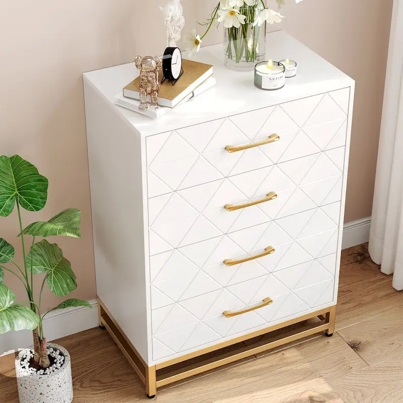 4-Drawer Dresser 23.85"W, Vertical Storage Chest, 35 lbs Per Drawer, White MDF, Easy Assembly