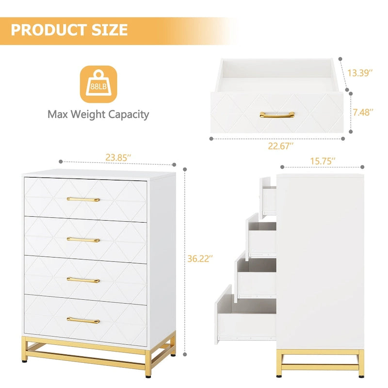 4-Drawer Dresser 23.85"W, Vertical Storage Chest, 35 lbs Per Drawer, White MDF, Easy Assembly