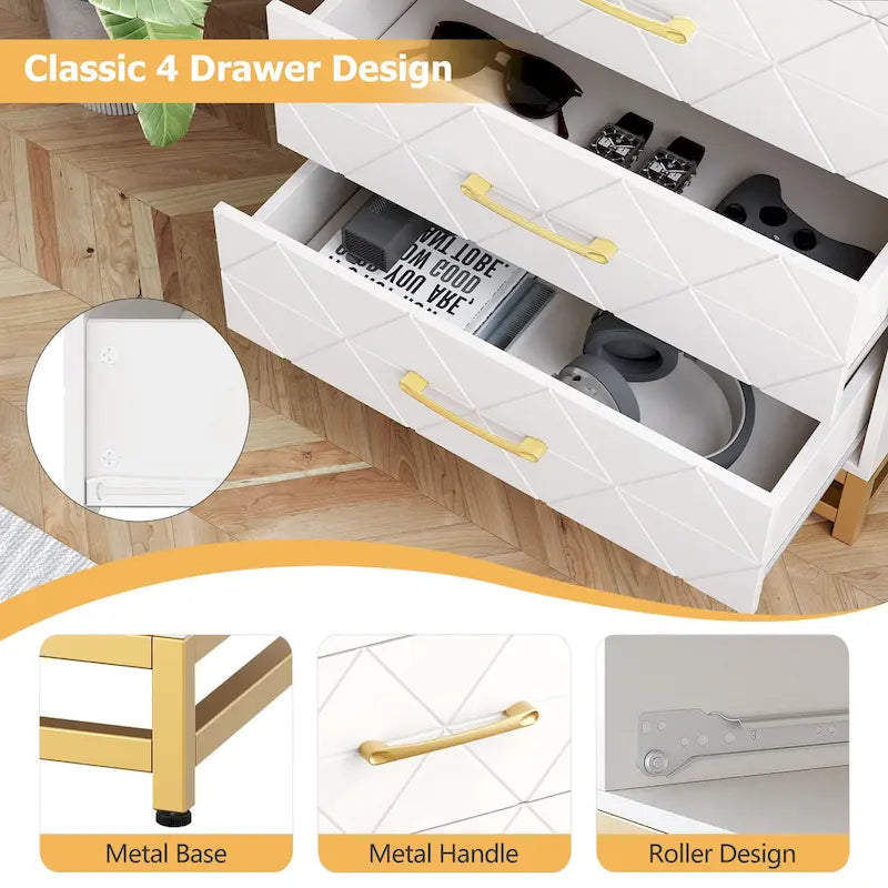 4-Drawer Dresser 23.85"W, Vertical Storage Chest, 35 lbs Per Drawer, White MDF, Easy Assembly