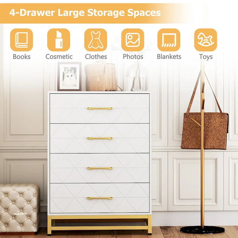 4-Drawer Dresser 23.85"W, Vertical Storage Chest, 35 lbs Per Drawer, White MDF, Easy Assembly