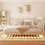 King Beige Velvet Floating Bed Frame with RGB LED Lights, Storage Headboard & USB Ports - No Box Spring Needed