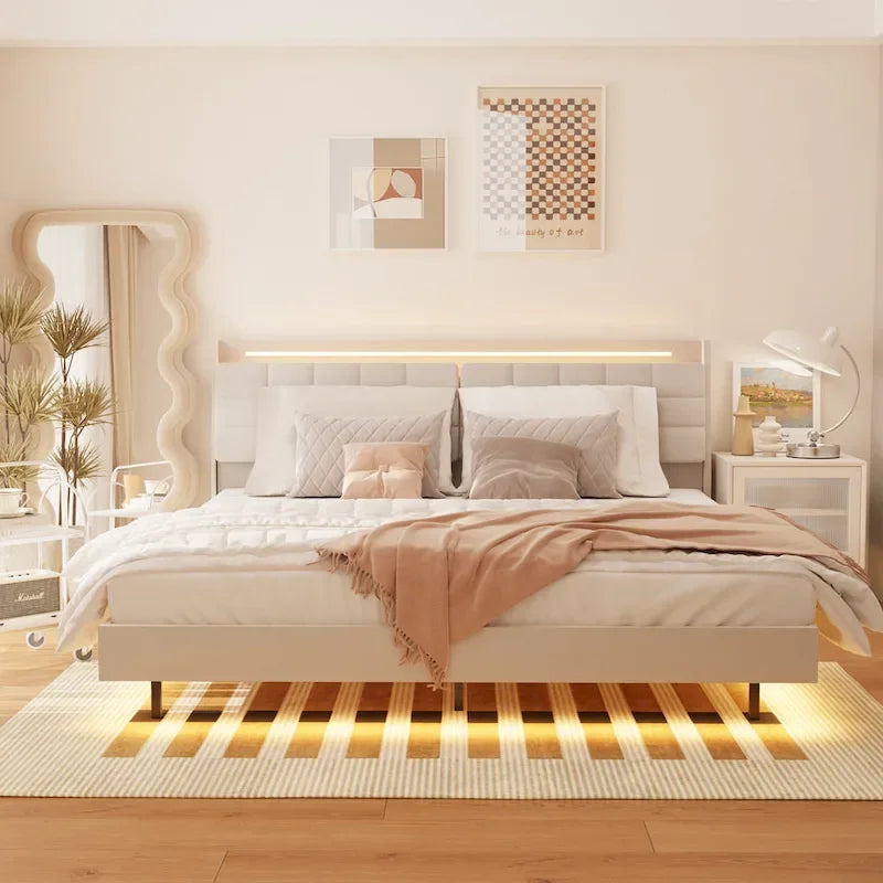 King Beige Velvet Floating Bed Frame with RGB LED Lights, Storage Headboard & USB Ports - No Box Spring Needed