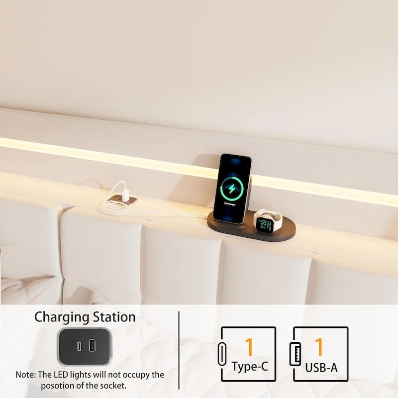 King Beige Velvet Floating Bed Frame with RGB LED Lights, Storage Headboard & USB Ports - No Box Spring Needed