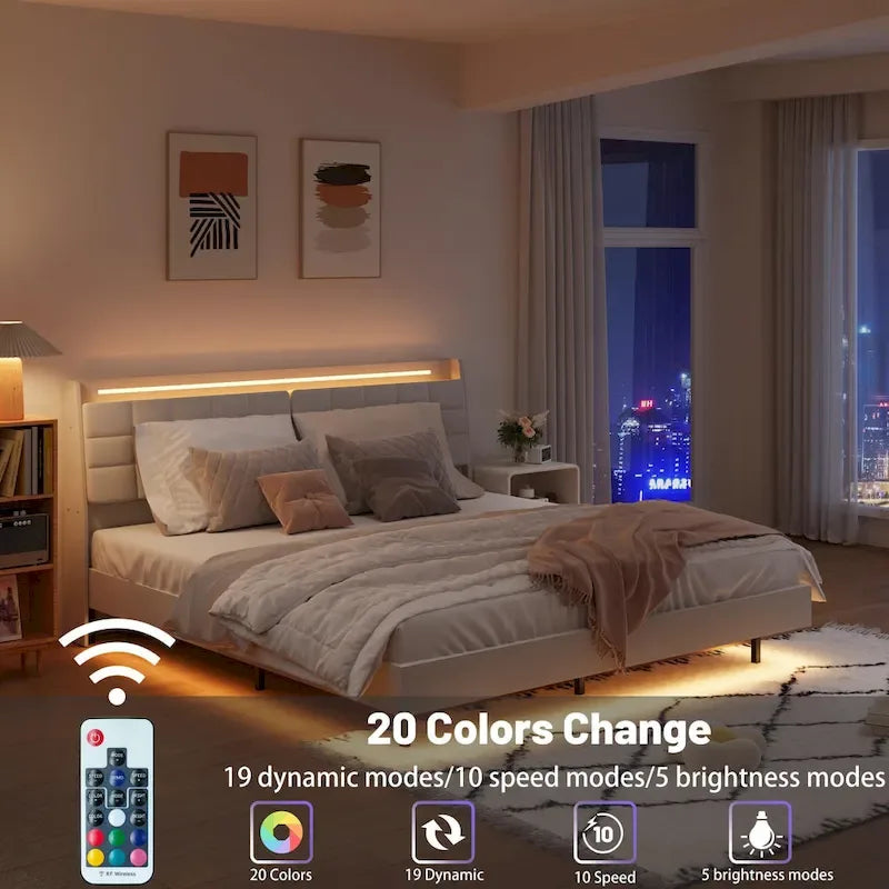 King Beige Velvet Floating Bed Frame with RGB LED Lights, Storage Headboard & USB Ports - No Box Spring Needed