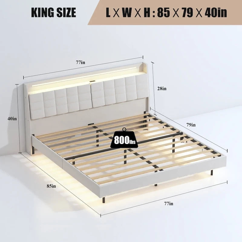 King Beige Velvet Floating Bed Frame with RGB LED Lights, Storage Headboard & USB Ports - No Box Spring Needed
