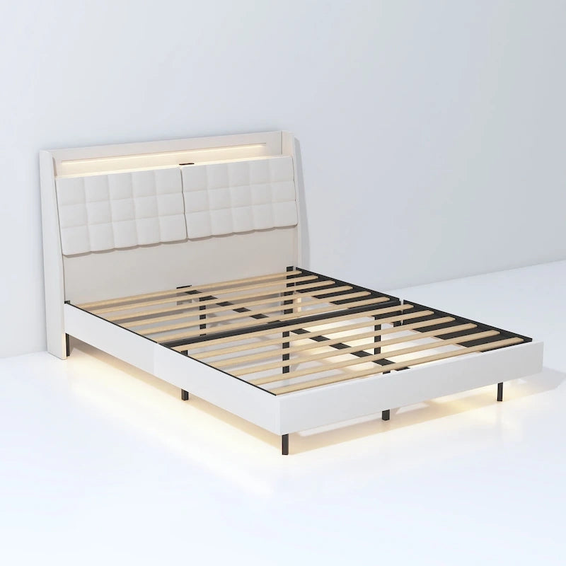 King Beige Velvet Floating Bed Frame with RGB LED Lights, Storage Headboard & USB Ports - No Box Spring Needed