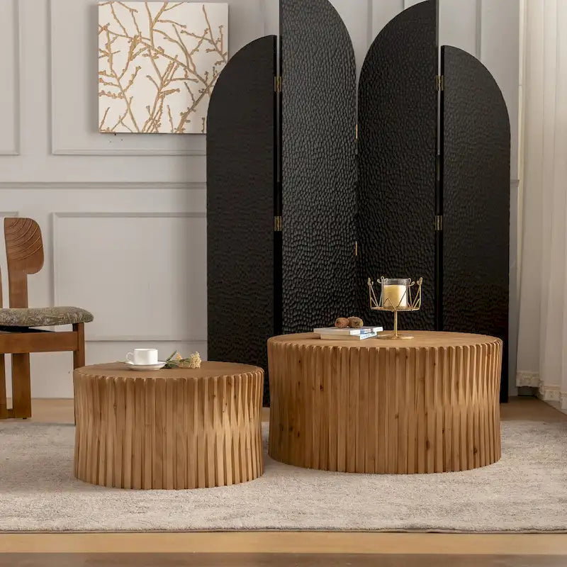 Coffee Table Set with Vertical Textured Embossed Design for Living Room (Set of 2)