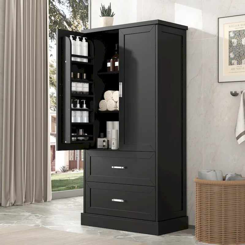 Tall Bathroom Storage Cabinet - 2 Doors + 2 Drawers - Adjustable Shelf - Door Shelves - MDF - Waterproof - Anti-Tip - Metal Hardware - Multi-Purpose - 3 Tiers
