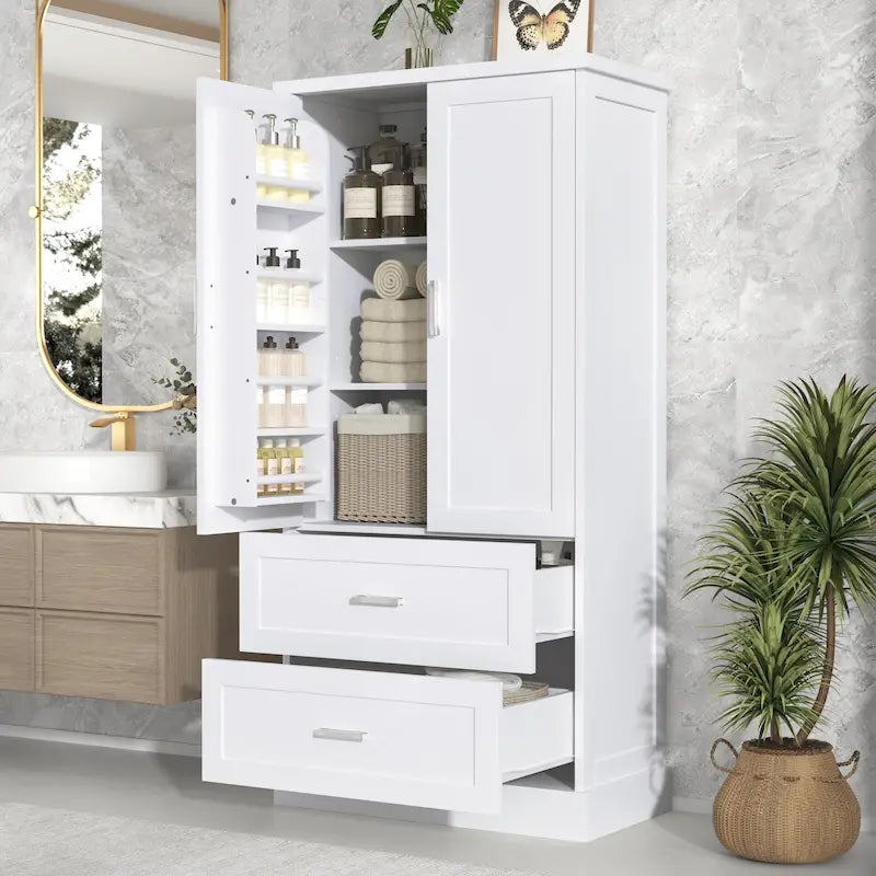Tall Bathroom Storage Cabinet - 2 Doors + 2 Drawers - Adjustable Shelf - Door Shelves - MDF - Waterproof - Anti-Tip - Metal Hardware - Multi-Purpose - 3 Tiers
