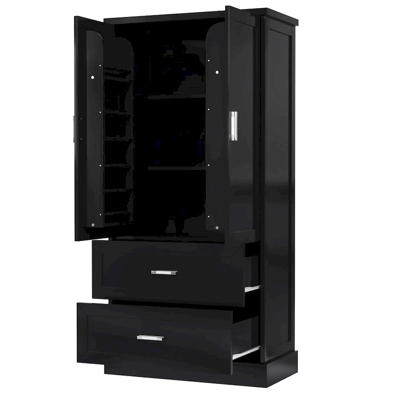 Tall Bathroom Storage Cabinet - 2 Doors + 2 Drawers - Adjustable Shelf - Door Shelves - MDF - Waterproof - Anti-Tip - Metal Hardware - Multi-Purpose - 3 Tiers