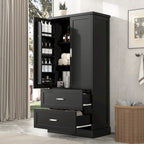 Tall Bathroom Storage Cabinet - 2 Doors + 2 Drawers - Adjustable Shelf - Door Shelves - MDF - Waterproof - Anti-Tip - Metal Hardware - Multi-Purpose - 3 Tiers