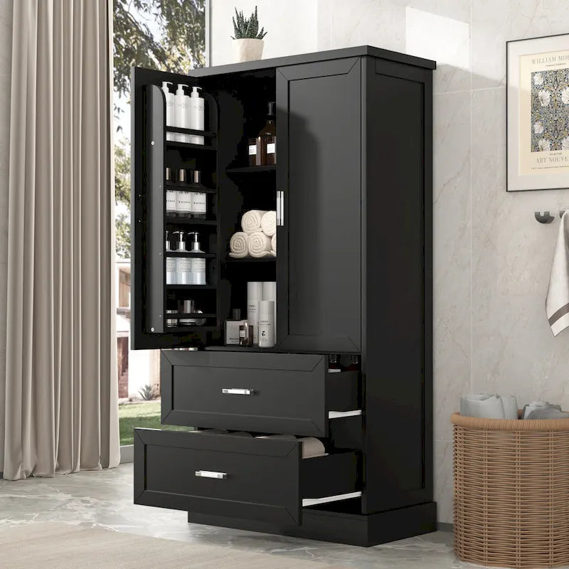 Tall Bathroom Storage Cabinet - 2 Doors + 2 Drawers - Adjustable Shelf - Door Shelves - MDF - Waterproof - Anti-Tip - Metal Hardware - Multi-Purpose - 3 Tiers