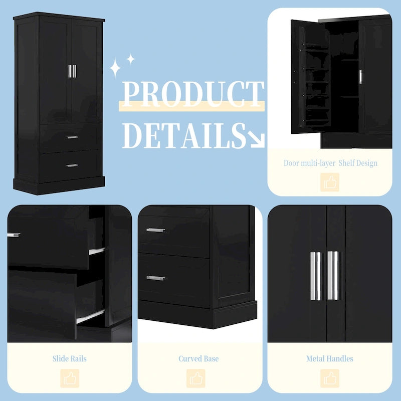 Tall Bathroom Storage Cabinet - 2 Doors + 2 Drawers - Adjustable Shelf - Door Shelves - MDF - Waterproof - Anti-Tip - Metal Hardware - Multi-Purpose - 3 Tiers