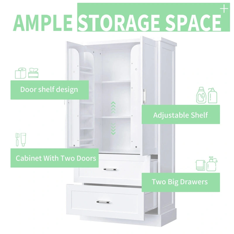 Tall Bathroom Storage Cabinet - 2 Doors + 2 Drawers - Adjustable Shelf - Door Shelves - MDF - Waterproof - Anti-Tip - Metal Hardware - Multi-Purpose - 3 Tiers