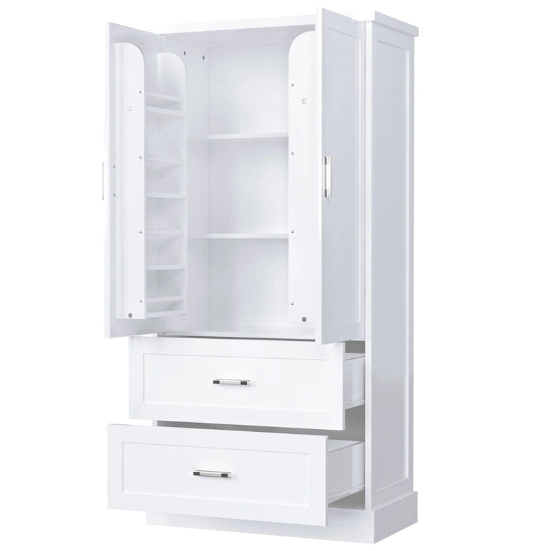 Tall Bathroom Storage Cabinet - 2 Doors + 2 Drawers - Adjustable Shelf - Door Shelves - MDF - Waterproof - Anti-Tip - Metal Hardware - Multi-Purpose - 3 Tiers
