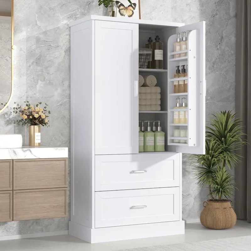 Tall Bathroom Storage Cabinet - 2 Doors + 2 Drawers - Adjustable Shelf - Door Shelves - MDF - Waterproof - Anti-Tip - Metal Hardware - Multi-Purpose - 3 Tiers