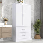 Tall Bathroom Storage Cabinet - 2 Doors + 2 Drawers - Adjustable Shelf - Door Shelves - MDF - Waterproof - Anti-Tip - Metal Hardware - Multi-Purpose - 3 Tiers